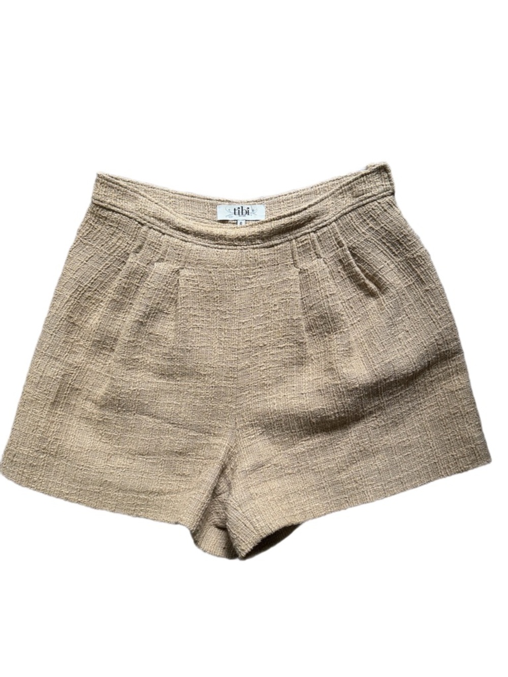Tibi Natural Beige Textured High-Waist Bermuda Shorts